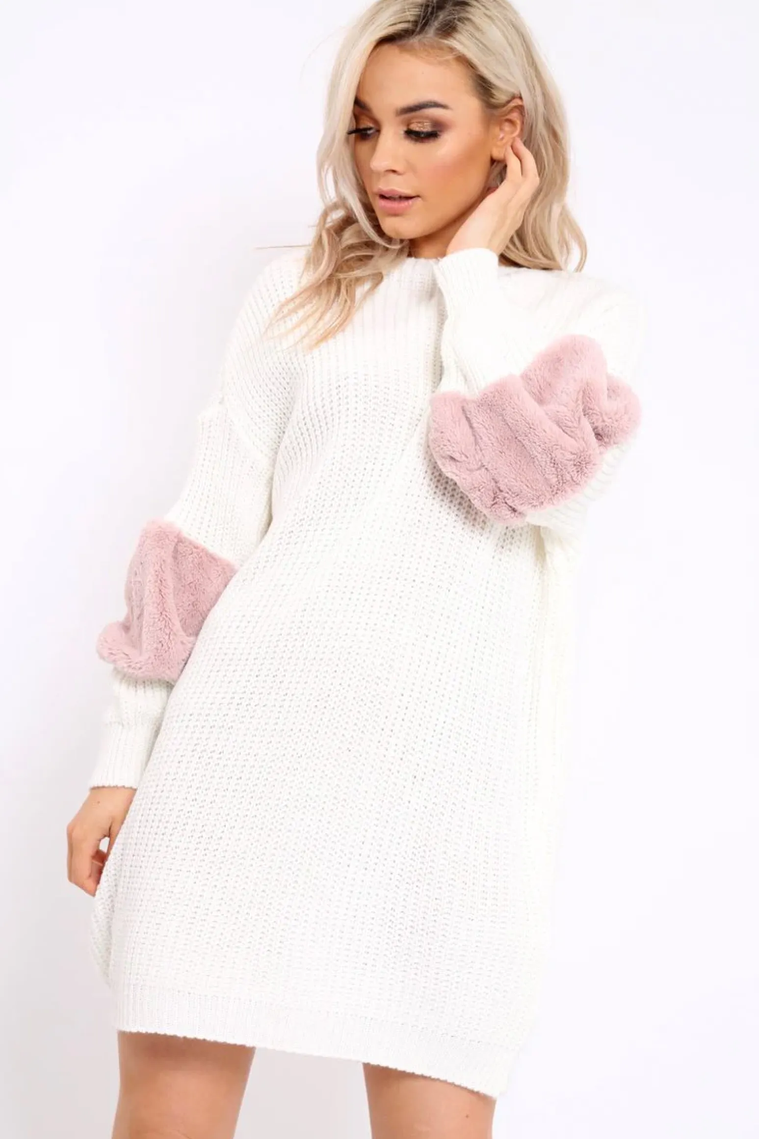 Rebellious Fashion Cream Chunky Knit Fur Sleeve Jumper Dress - Jaycee