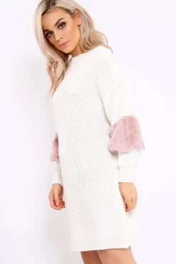 Rebellious Fashion Cream Chunky Knit Fur Sleeve Jumper Dress - Jaycee