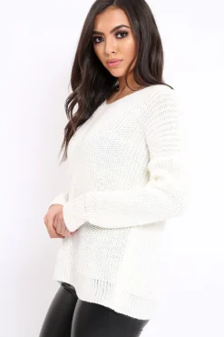 Rebellious Fashion Cream Chunky Knit Lace Up Back Jumper - Perrie
