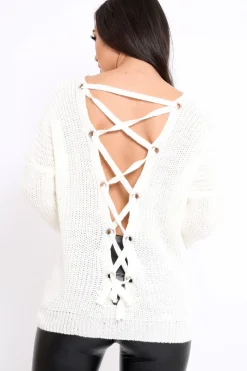Rebellious Fashion Cream Chunky Knit Lace Up Back Jumper - Perrie