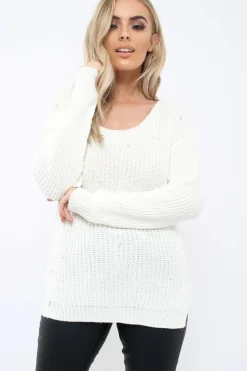 Rebellious Fashion Cream Chunky Knit Pearl Jumper - Terri