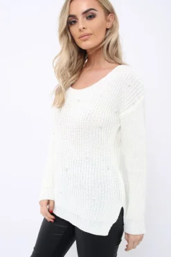 Rebellious Fashion Cream Chunky Knit Pearl Jumper - Terri