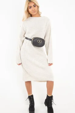 Rebellious Fashion Cream Chunky Knit Slash Neck Jumper Dress - Hessie