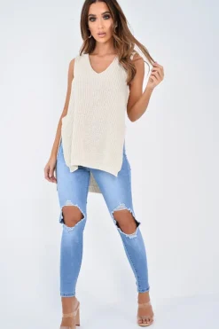 Rebellious Fashion Cream Chunky Knit Sleeveless V Neck Jumper - Zaliyah