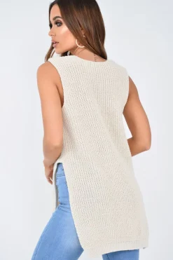 Rebellious Fashion Cream Chunky Knit Sleeveless V Neck Jumper - Zaliyah