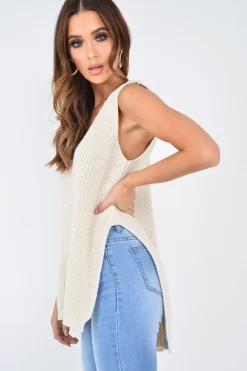 Rebellious Fashion Cream Chunky Knit Sleeveless V Neck Jumper - Zaliyah