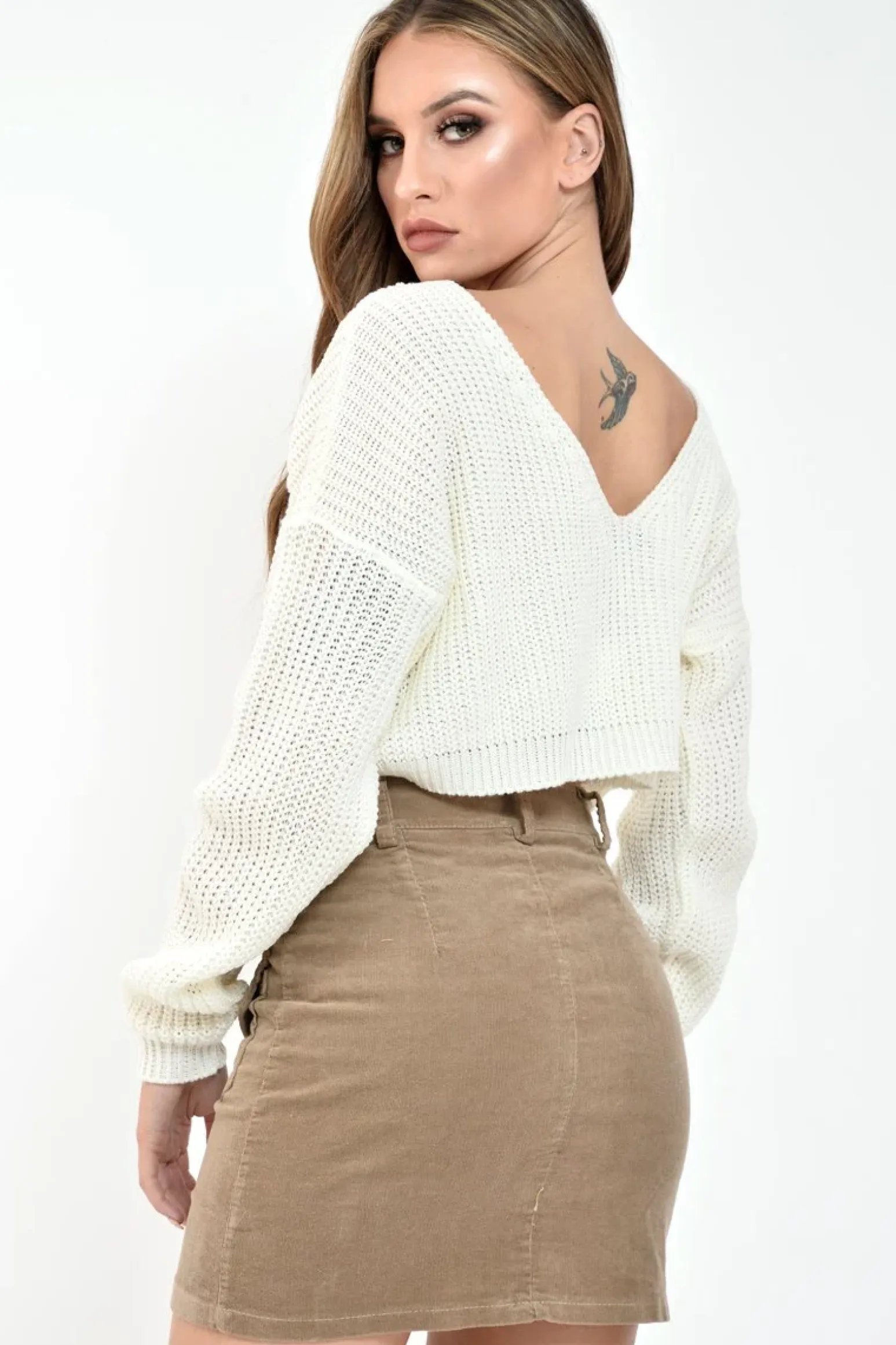 Rebellious Fashion Cream Chunky Knit V Back Crop Jumper - Priscilla