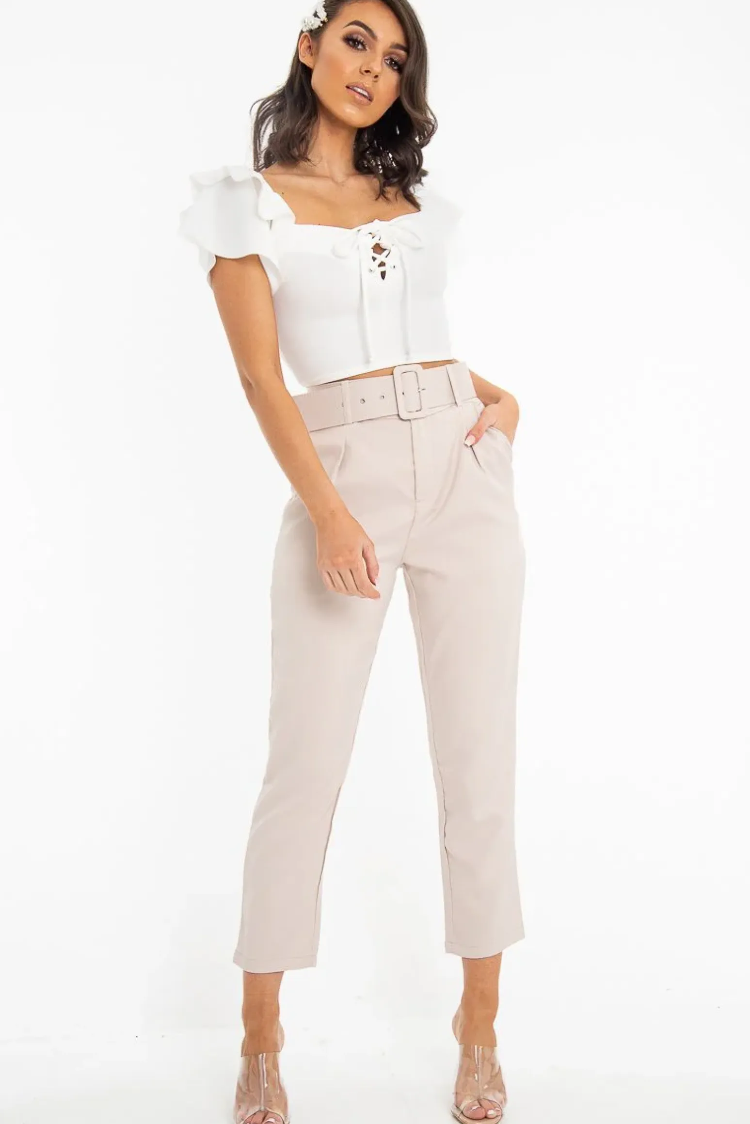 Rebellious Fashion Cream Cold Shoulder Lace Up Bardot Crop Top - Kenndra
