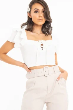 Rebellious Fashion Cream Cold Shoulder Lace Up Bardot Crop Top - Kenndra