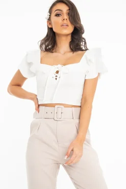 Rebellious Fashion Cream Cold Shoulder Lace Up Bardot Crop Top - Kenndra