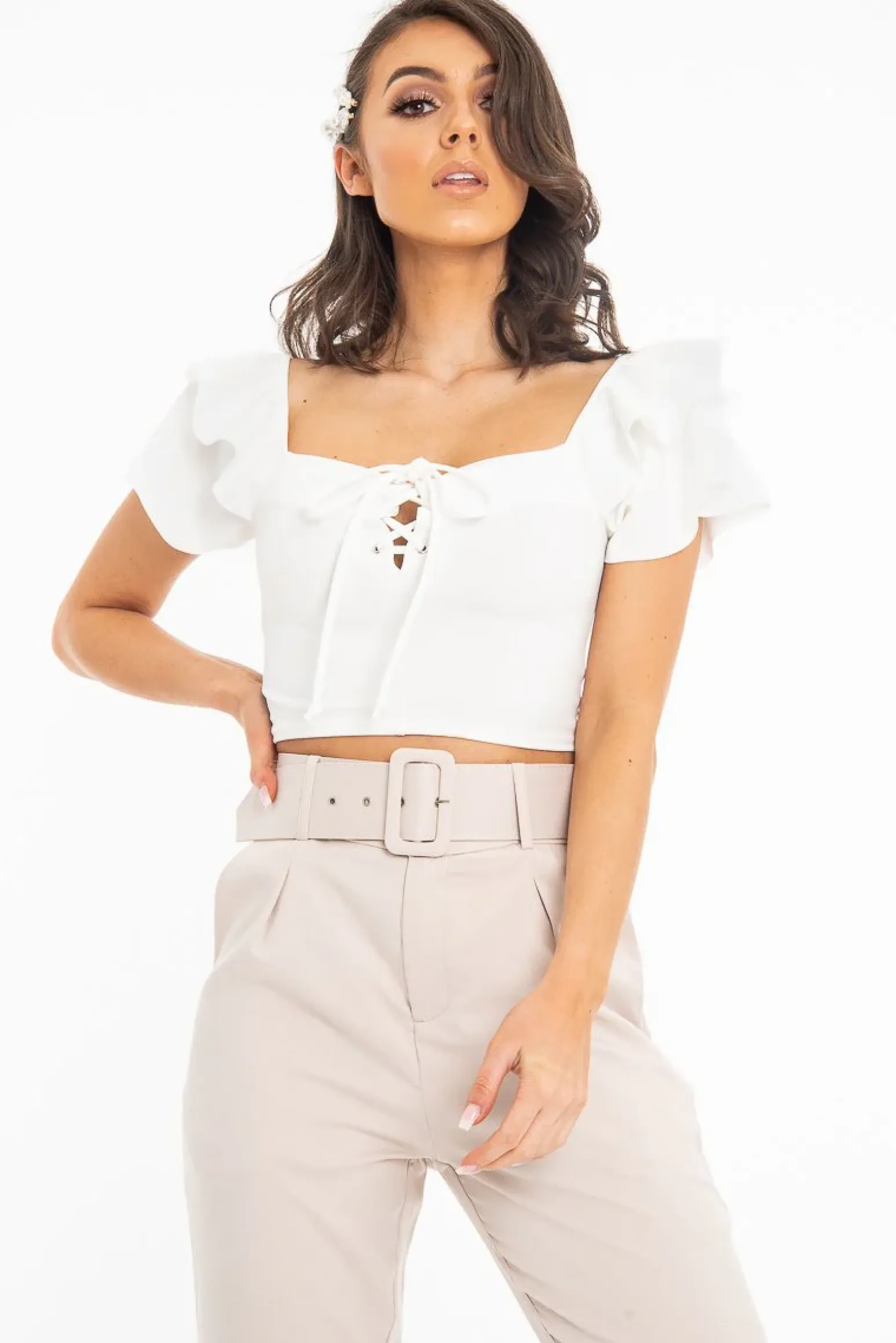 Rebellious Fashion Cream Cold Shoulder Lace Up Bardot Crop Top - Kenndra