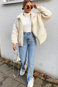 Rebellious Fashion Cream Collar Zip Front Borg Teddy Jacket - Kaleah