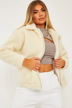 Rebellious Fashion Cream Collar Zip Front Borg Teddy Jacket - Kaleah