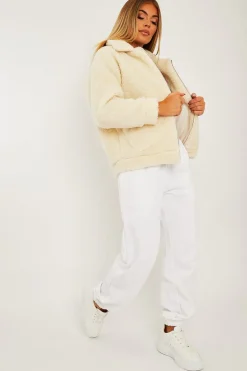 Rebellious Fashion Cream Collar Zip Front Borg Teddy Jacket - Kaleah