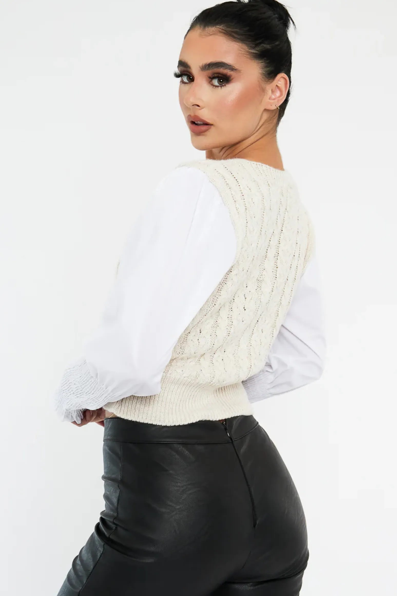 Rebellious Fashion Cream Contrast Sleeves Knitted Top - Mckaela
