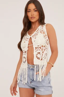 Rebellious Fashion Cream Crochet Button Up Front Waist Coat - Vesper