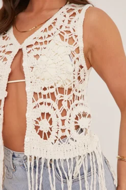 Rebellious Fashion Cream Crochet Button Up Front Waist Coat - Vesper