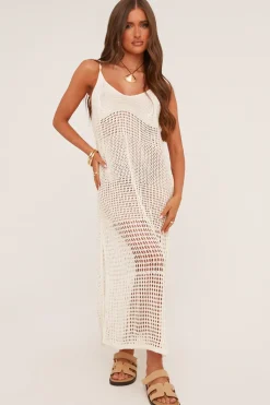 Rebellious Fashion Cream Crochet Side Slit Sleeveless Maxi Dress - Sylvia