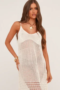 Rebellious Fashion Cream Crochet Side Slit Sleeveless Maxi Dress - Sylvia
