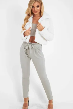 Rebellious Fashion Cream Cropped Borg Popper Button Coat - Ezmerelda