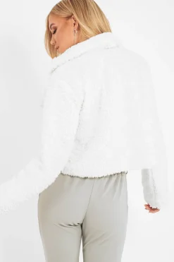 Rebellious Fashion Cream Cropped Borg Popper Button Coat - Ezmerelda