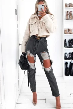 Rebellious Fashion Cream Cropped Borg Trucker Jacket - Aarohi