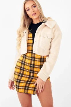 Rebellious Fashion Cream Cropped Borg Trucker Jacket - Aarohi