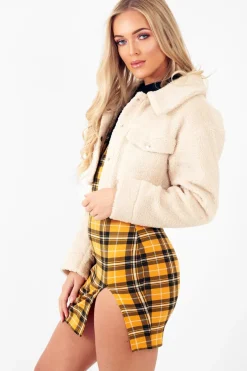Rebellious Fashion Cream Cropped Borg Trucker Jacket - Aarohi