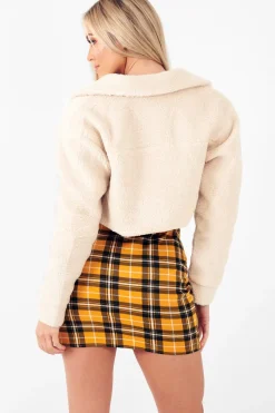 Rebellious Fashion Cream Cropped Borg Trucker Jacket - Aarohi