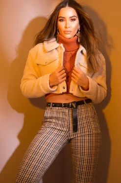 Rebellious Fashion Cream Cropped Borg Trucker Jacket - Aarohi