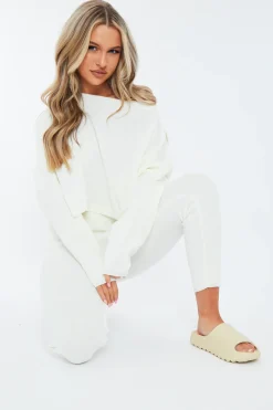 Rebellious Fashion Cream Cropped Knit Sweatshirt & Leggings Set - Damara