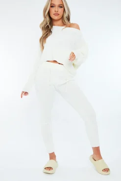 Rebellious Fashion Cream Cropped Knit Sweatshirt & Leggings Set - Damara