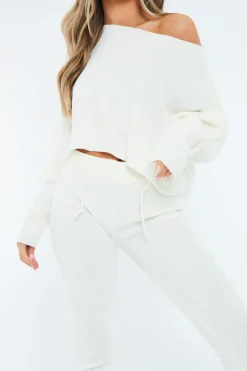 Rebellious Fashion Cream Cropped Knit Sweatshirt & Leggings Set - Damara