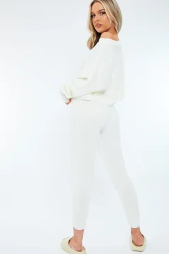 Rebellious Fashion Cream Cropped Knit Sweatshirt & Leggings Set - Damara