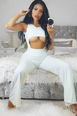 Rebellious Fashion Cream Cut Out Middle Jumpsuit - Dixi
