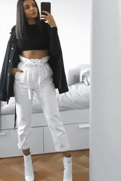 Rebellious Fashion Cream Denim Tie Waist Paperbag Jeans - Lylee