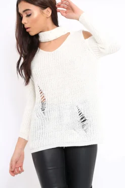 Rebellious Fashion Cream Distressed Pearl Chunky Knit Jumper - Narla