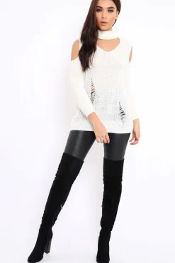Rebellious Fashion Cream Distressed Pearl Chunky Knit Jumper - Narla