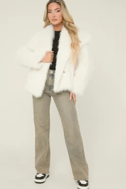 Rebellious Fashion Cream Faux Fur Waterfall Long Sleeves Cropped Coat - Scottie