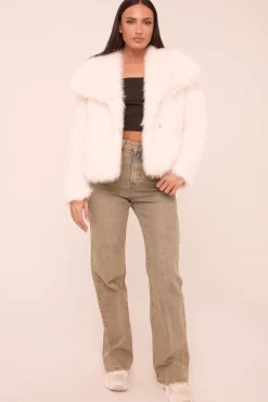 Rebellious Fashion Cream Faux Fur Waterfall Long Sleeves Cropped Jacket - Avery
