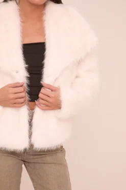 Rebellious Fashion Cream Faux Fur Waterfall Long Sleeves Cropped Jacket - Avery