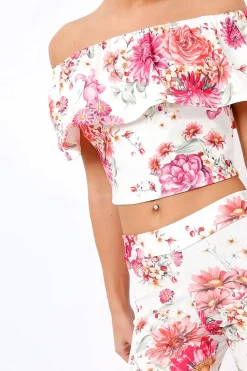 Rebellious Fashion Cream Floral Bardot Crop Top - Minnie