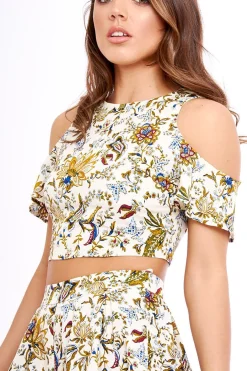 Rebellious Fashion Cream Floral Cold Shoulder Open Back Co-ord - Annie
