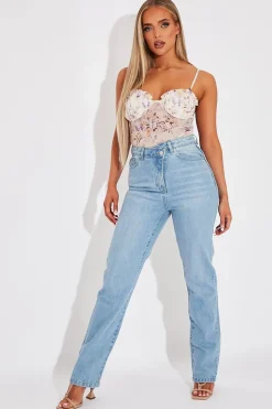 Rebellious Fashion Cream Floral Corset Detail Bodysuit - Clarah
