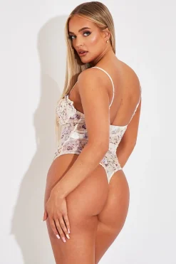 Rebellious Fashion Cream Floral Corset Detail Bodysuit - Clarah