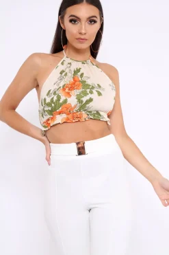 Rebellious Fashion Cream Floral Halterneck Backless Crop Top - Aarin