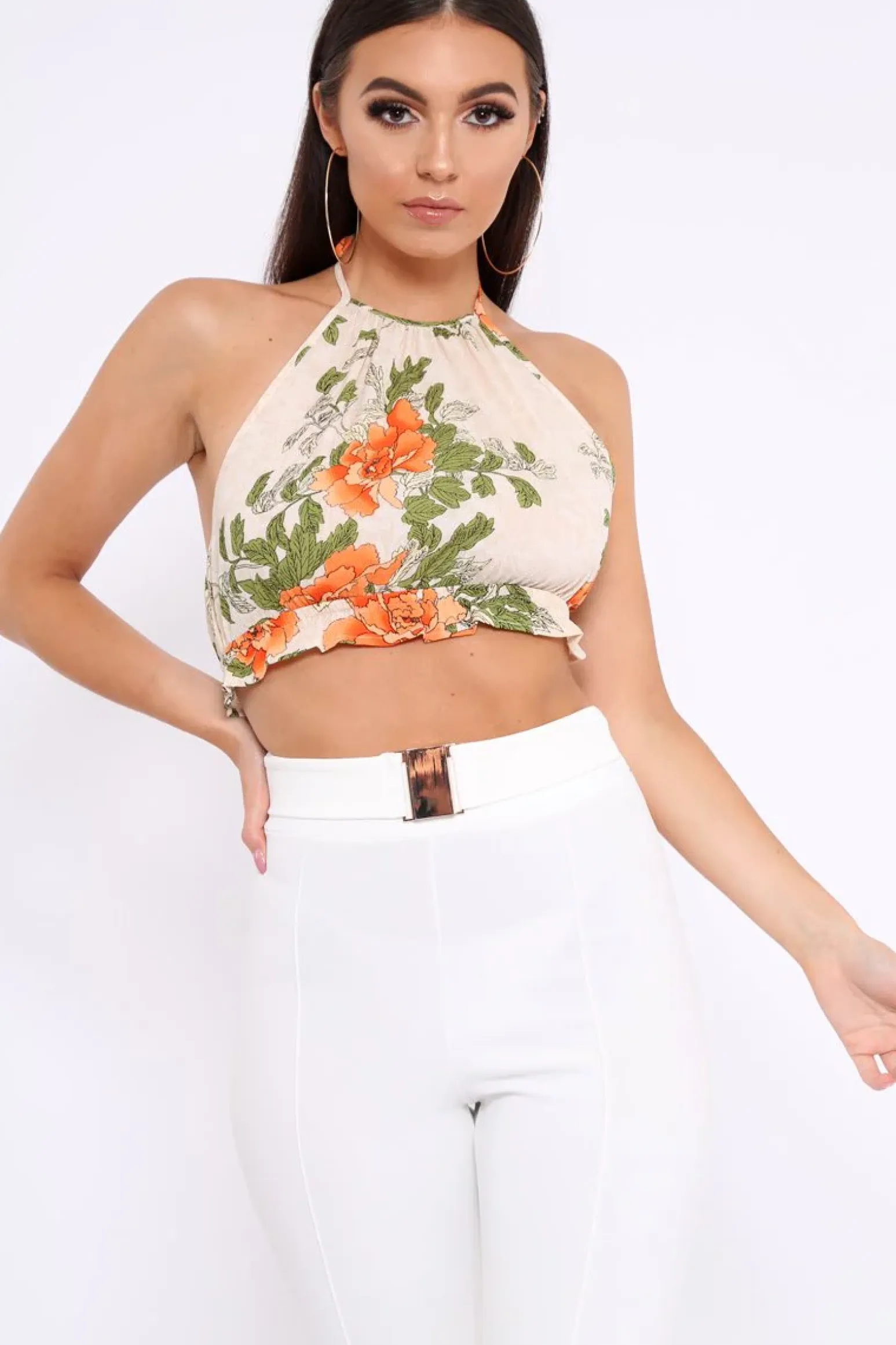 Rebellious Fashion Cream Floral Halterneck Backless Crop Top - Aarin