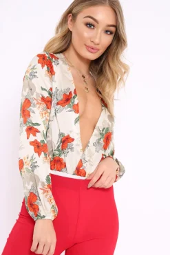 Rebellious Fashion Cream Floral Long Sleeve Plunge Bodysuit - Nicole