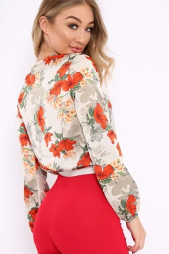 Rebellious Fashion Cream Floral Long Sleeve Plunge Bodysuit - Nicole
