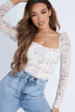Rebellious Fashion Cream Floral Puff Sleeve Bodysuit - Deana